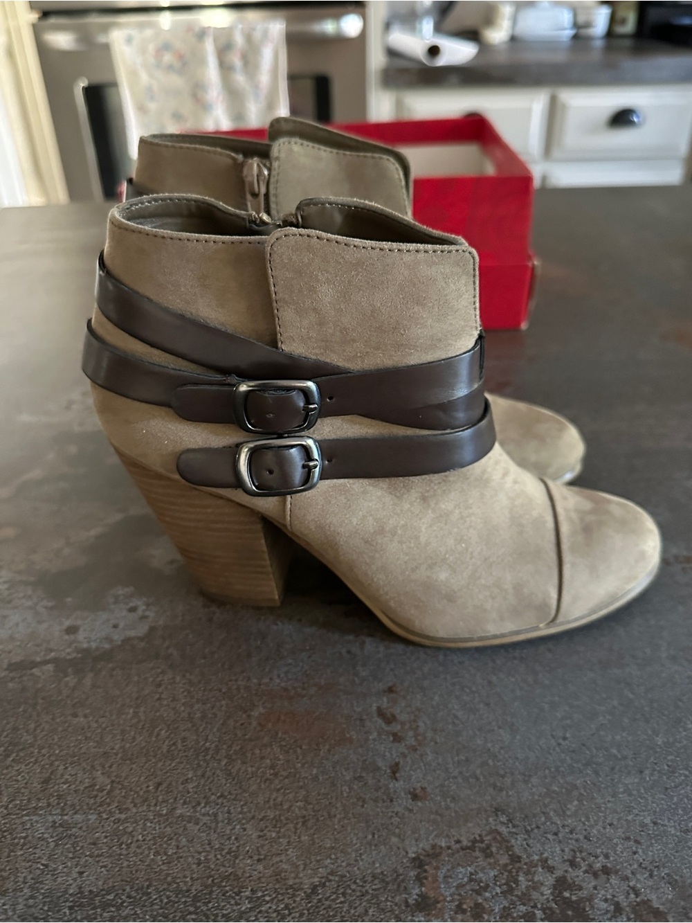 Carlos by Carlos Santana Taupe Suede Ankle Booties with Dark Brown Straps